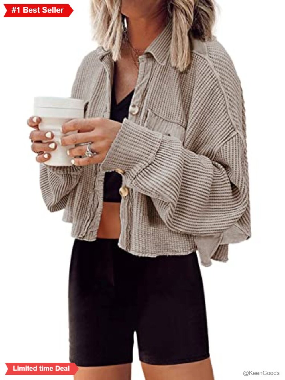 Waffle Knit Cropped Shacket Button Down Jacket Oversized Cardigan